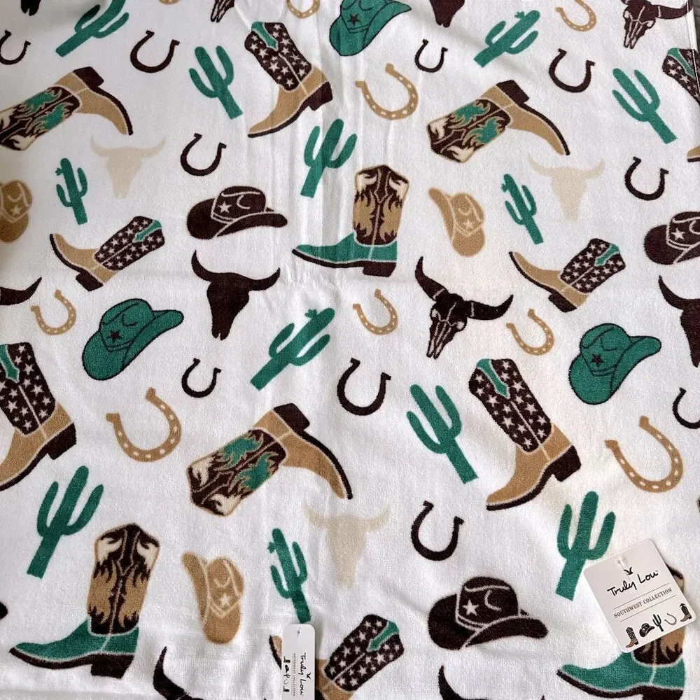 Cowboy Western Hat Boots Cactus Horseshoe Print Cotton Bath Towel